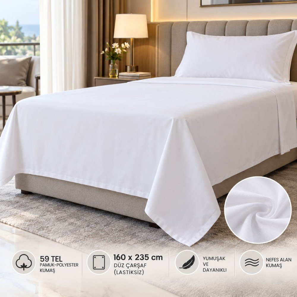 59 Tel Akfil Düz Otel Çarşafı 160x235 cm – Lastiksiz