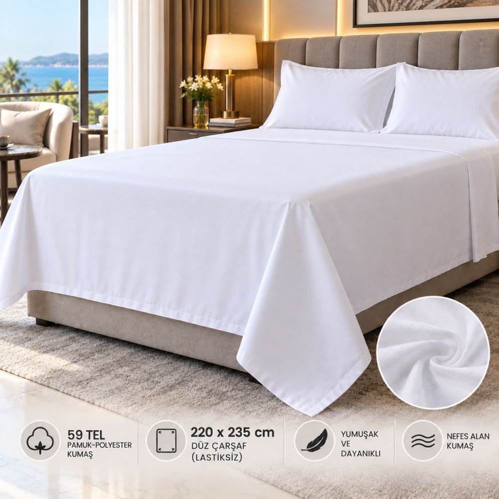 59 Tel Akfil Düz Otel Çarşafı 220x235 cm – Lastiksiz