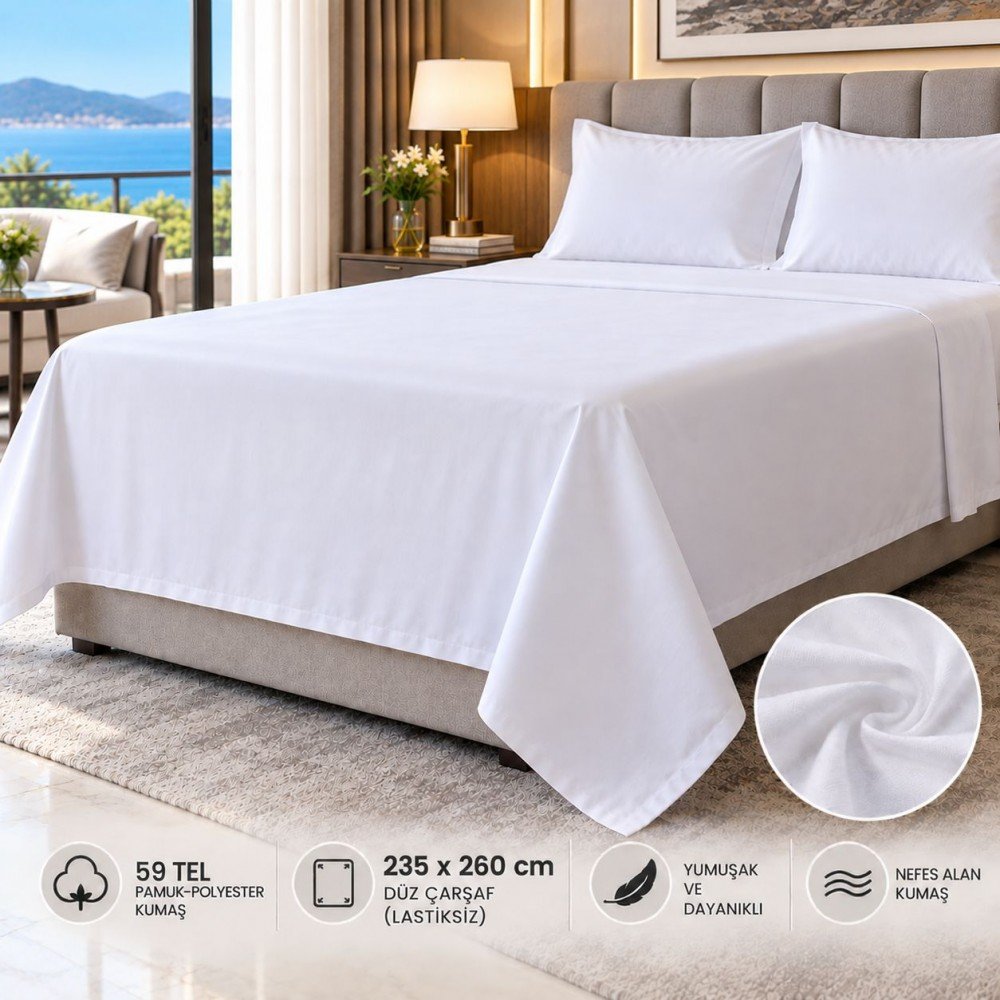 59 Tel Akfil Düz Otel Çarşafı 235x260 cm – Lastiksiz