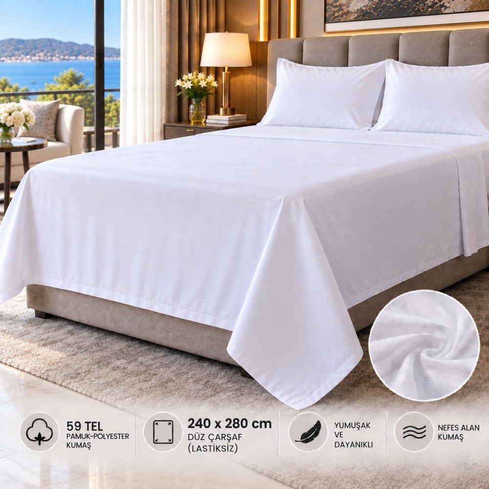 59 Tel Akfil Düz Otel Çarşafı 240x280 cm – Lastiksiz