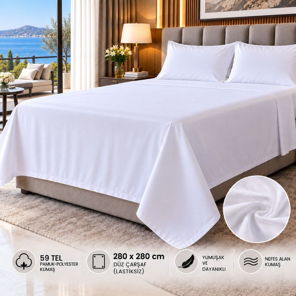 59 Tel Akfil Düz Otel Çarşafı 280x280 cm – Lastiksiz