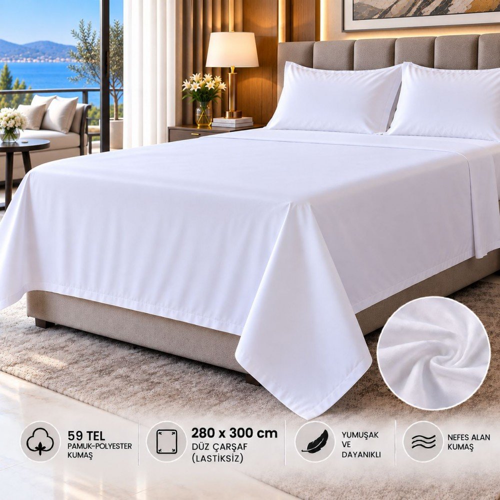 59 Tel Akfil Düz Otel Çarşafı 280x300 cm – Lastiksiz