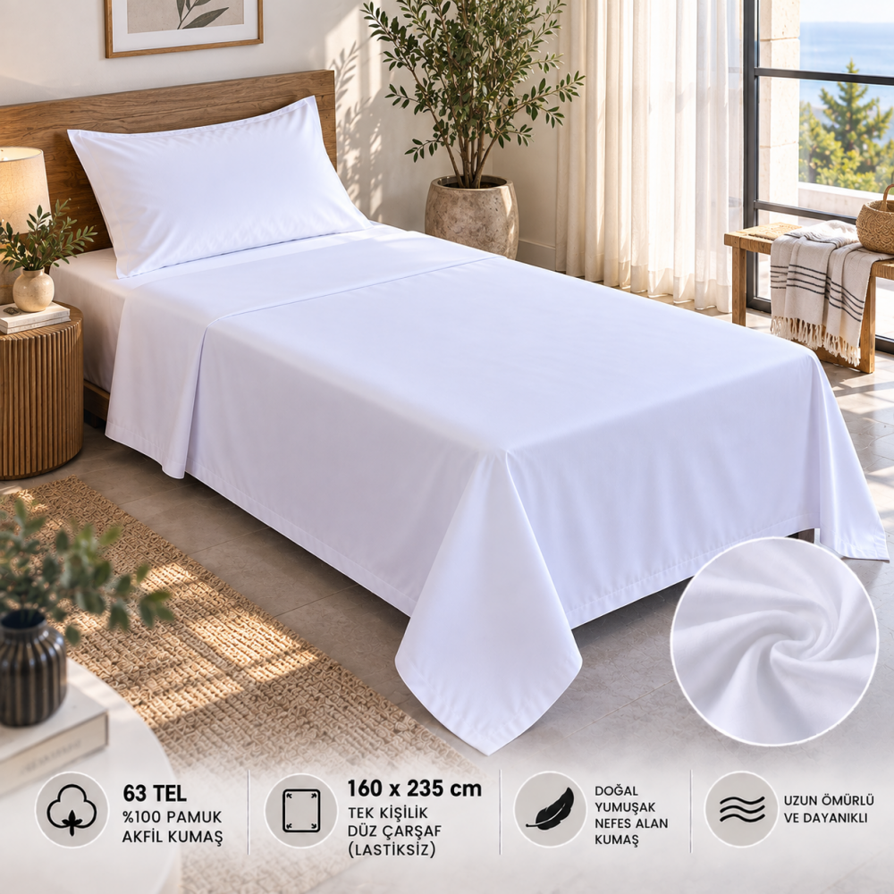 63 Tel Akfil Düz Otel Çarşafı 160x235 cm – Lastiksiz