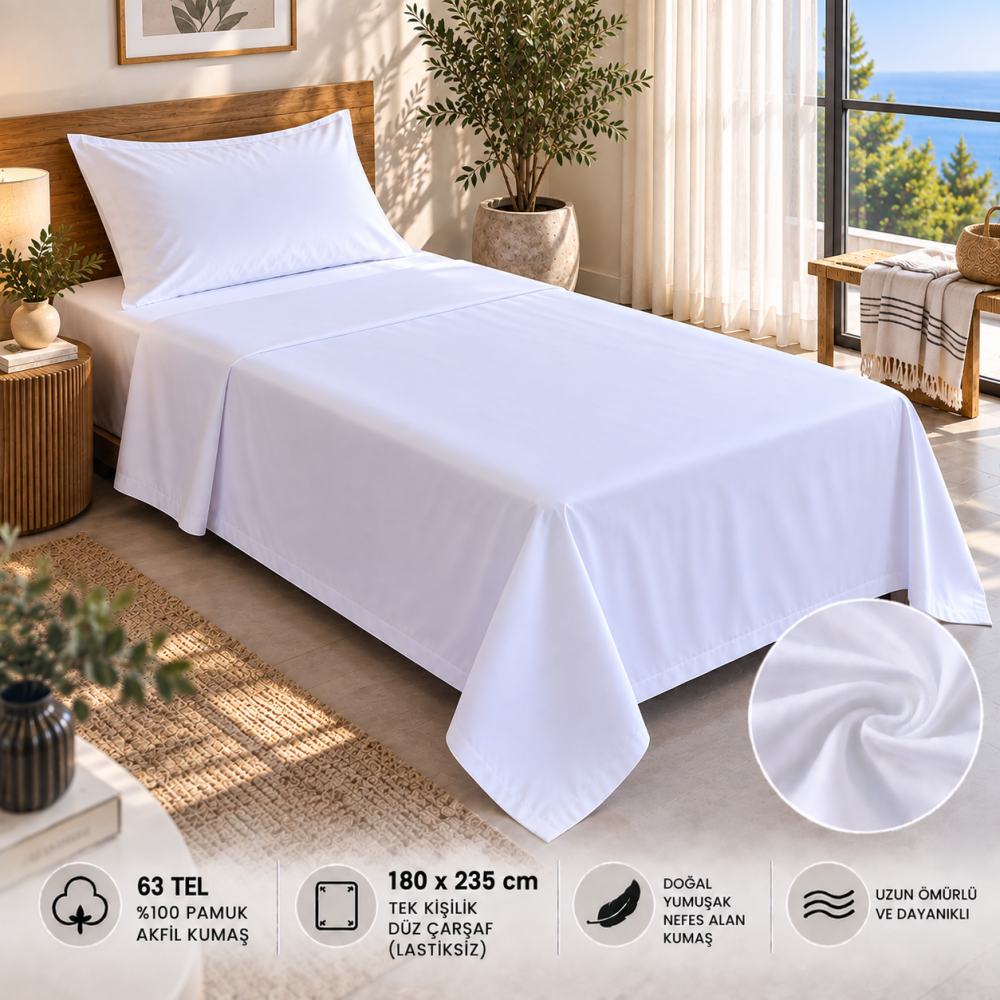 63 Tel Akfil Düz Otel Çarşafı 180x235 cm – Lastiksiz