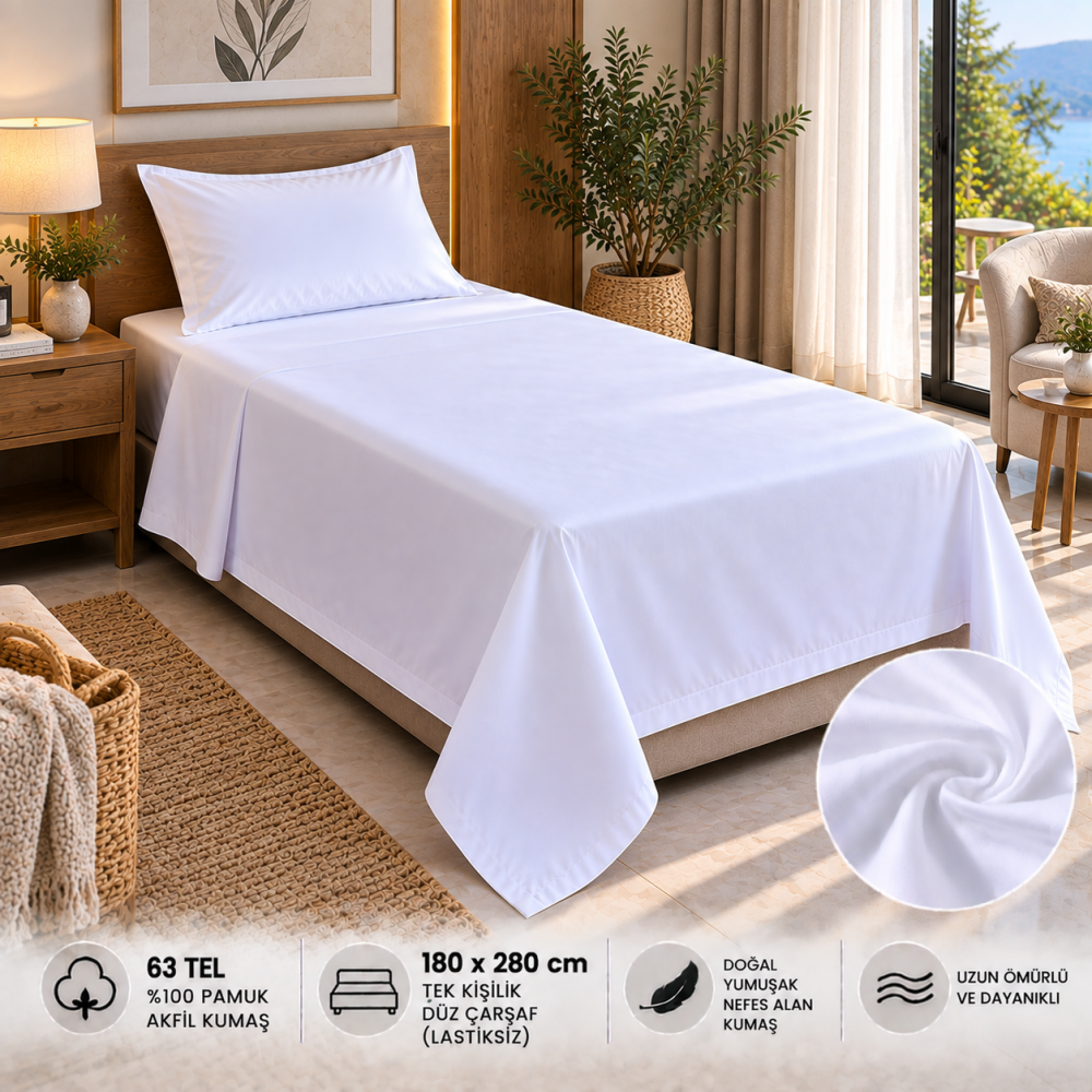 63 Tel Akfil Düz Otel Çarşafı 180x280 cm – Lastiksiz