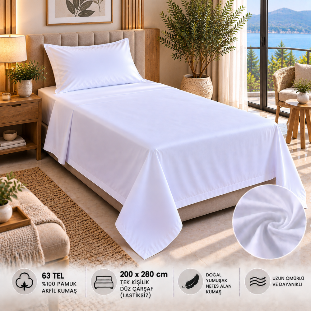 63 Tel Akfil Düz Otel Çarşafı 200x280 cm – Lastiksiz