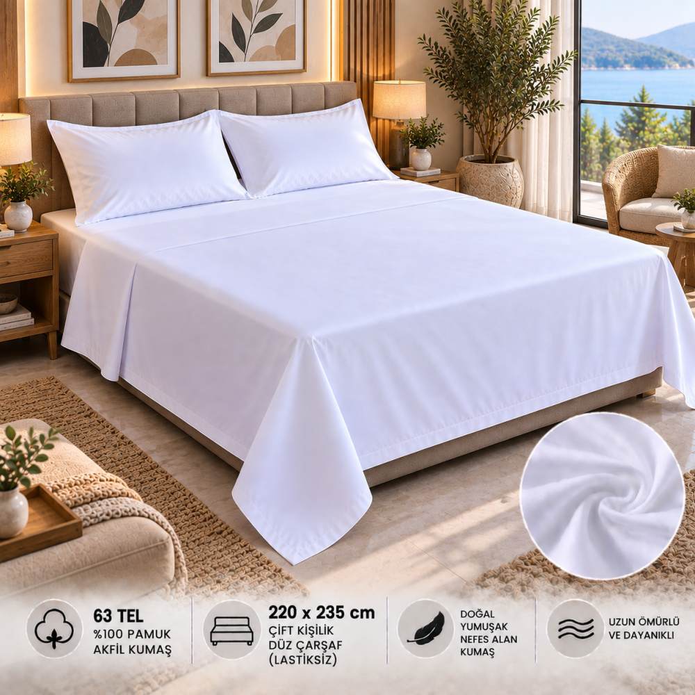 63 Tel Akfil Düz Otel Çarşafı 220x235 cm – Lastiksiz