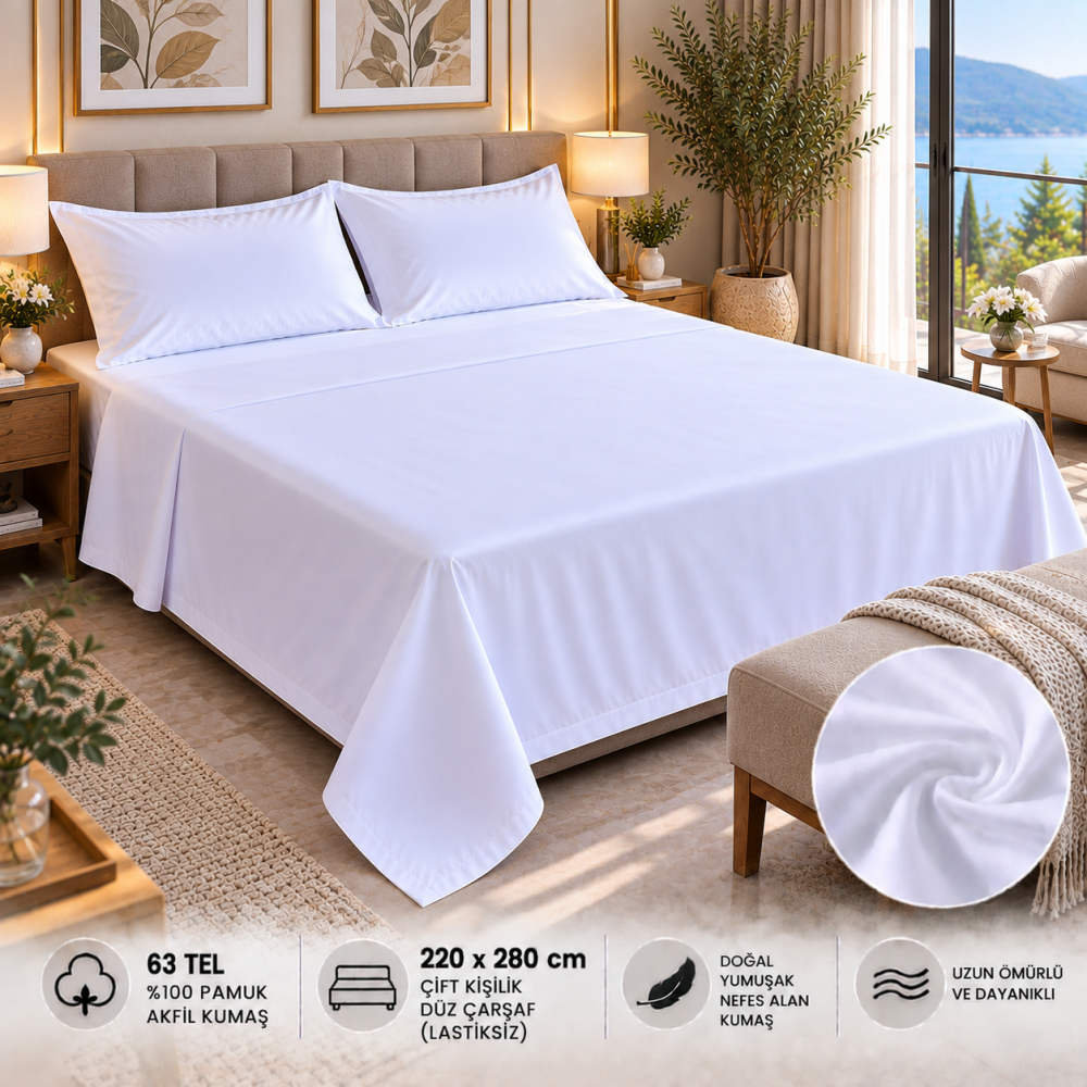 63 Tel Akfil Düz Otel Çarşafı 220x280 cm – Lastiksiz