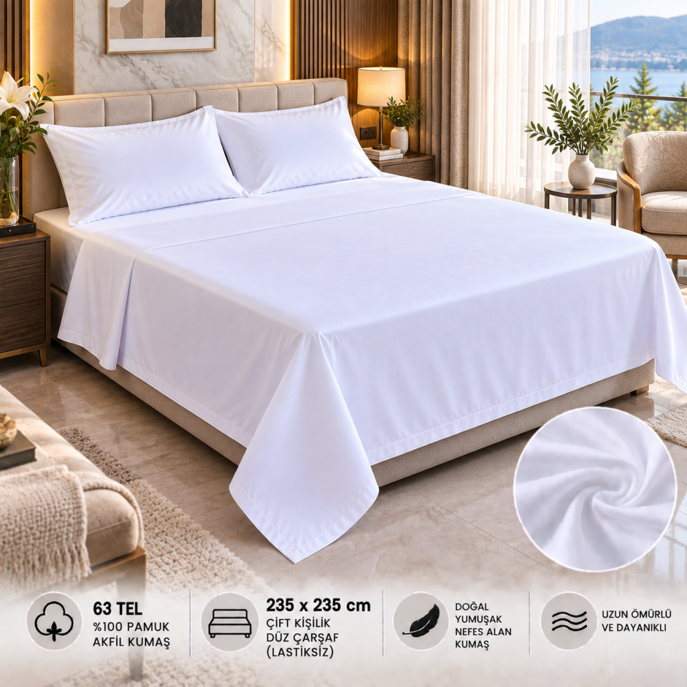 63 Tel Akfil Düz Otel Çarşafı 235x235 cm – Lastiksiz