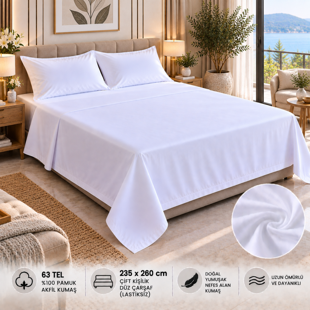 63 Tel Akfil Düz Otel Çarşafı 235x260 cm – Lastiksiz