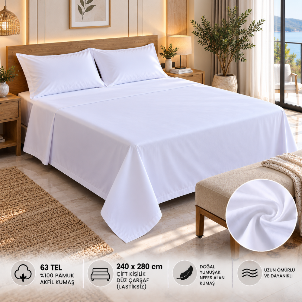 63 Tel Akfil Düz Otel Çarşafı 240x280 cm – Lastiksiz