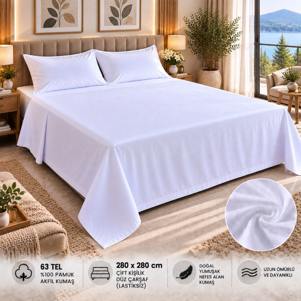 63 Tel Akfil Düz Otel Çarşafı 280x280 cm – Lastiksiz