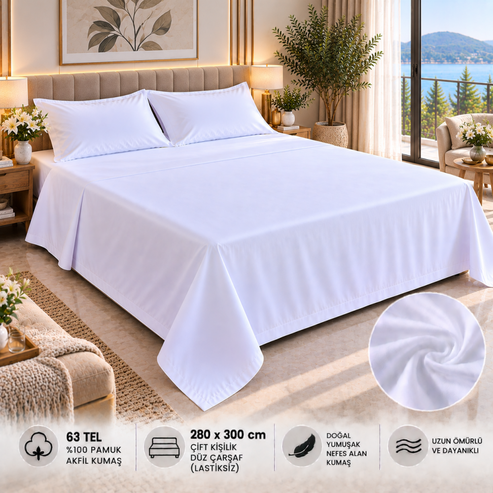 63 Tel Akfil Düz Otel Çarşafı 280x300 cm – Lastiksiz