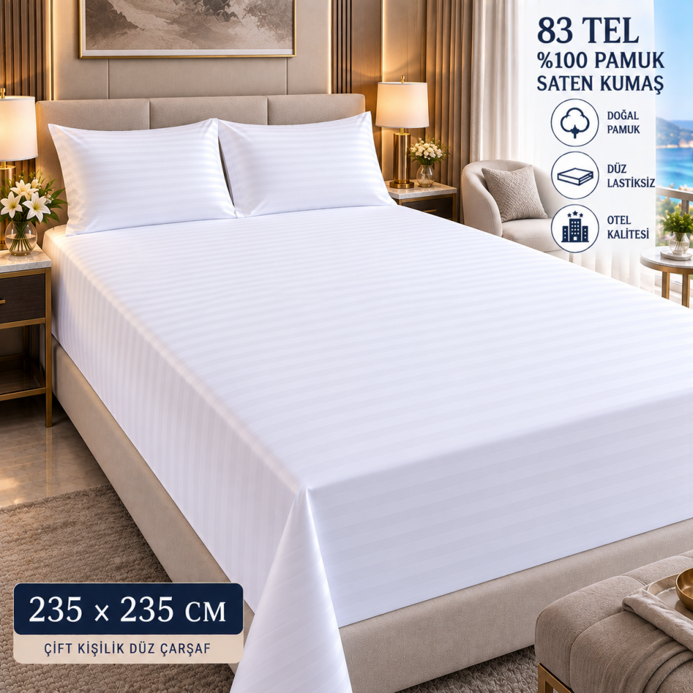 83 Tel Çizgili Otel Çarşafı 235x235 cm – Lastiksiz