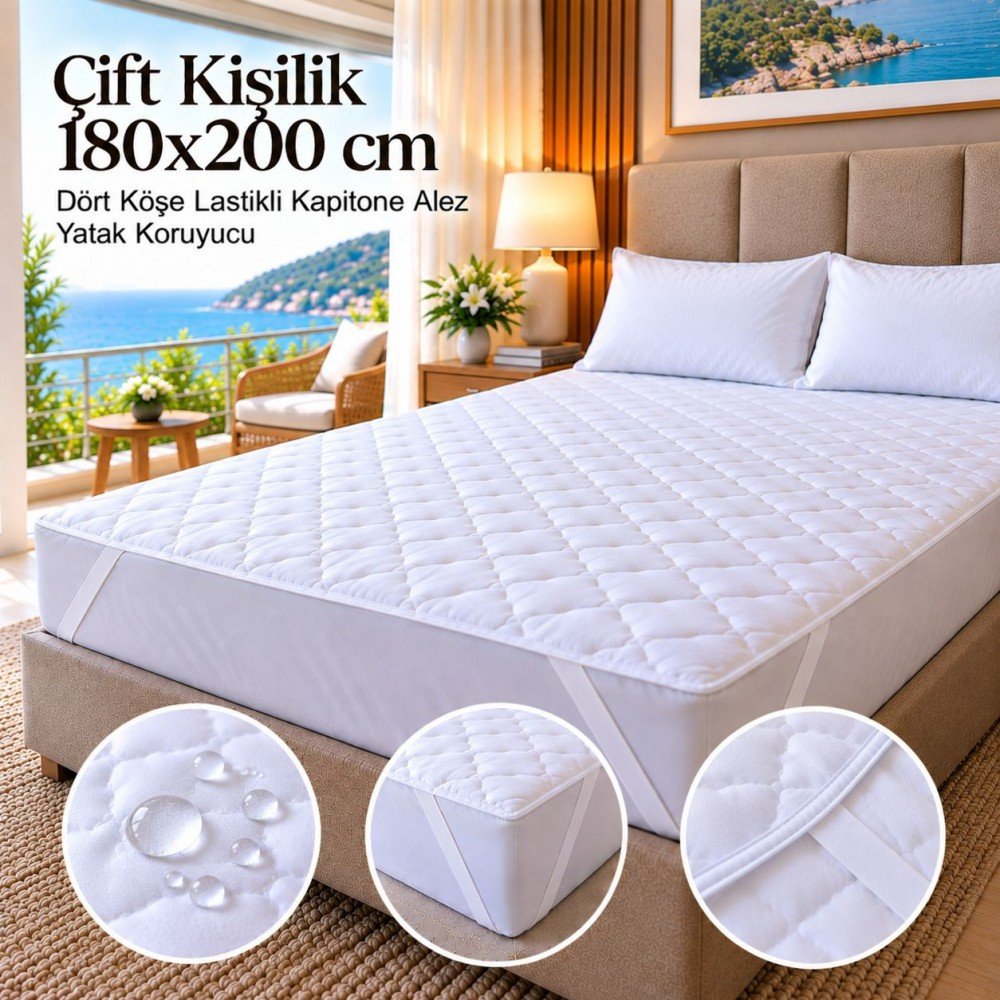 Çift Kişilik 180x200 cm Dört Köşe Lastikli Kapitone Alez – Yatak Koruyucu