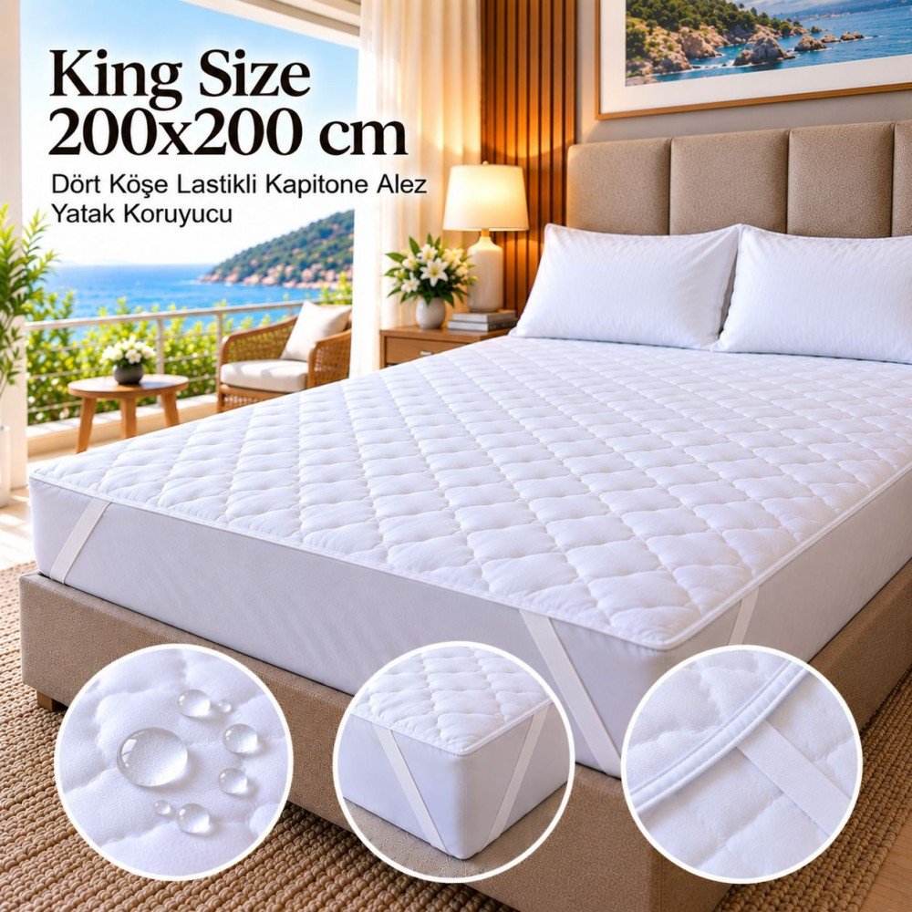 King Size 200x200 cm Dört Köşe Lastikli Kapitone Alez – Yatak Koruyucu