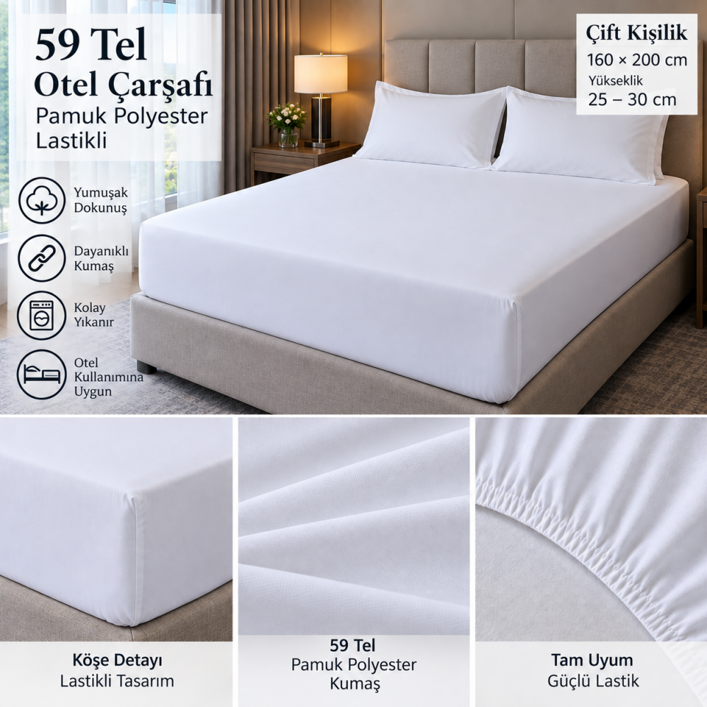 59 Tel Çift Kişilik Lastikli Otel Çarşafı 160x200 cm