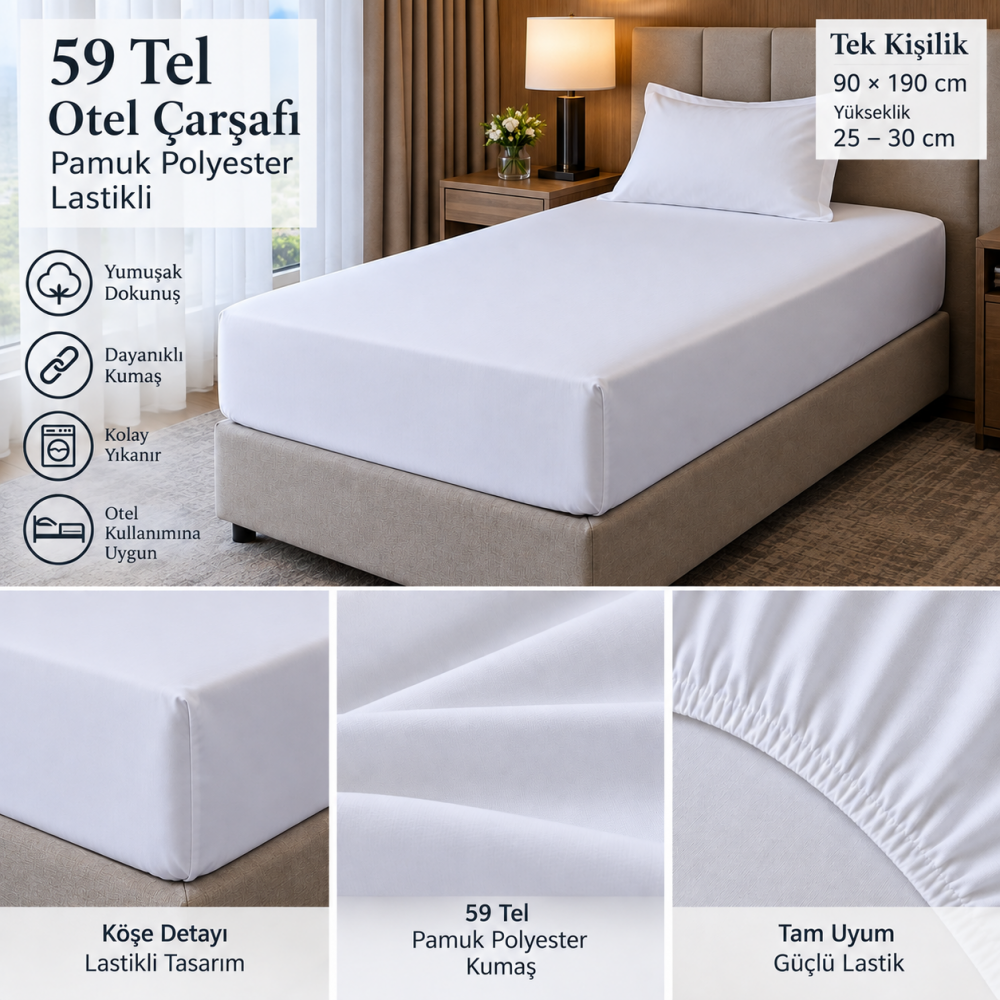 59 Tel Tek Kişilik Lastikli Otel Çarşafı 90x190 cm