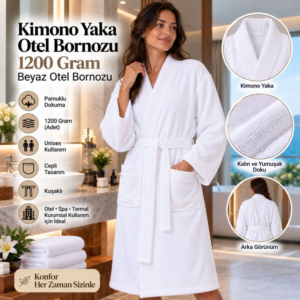 Kimono Yaka Otel Bornozu 1200 Gram Beyaz Otel Bornozu