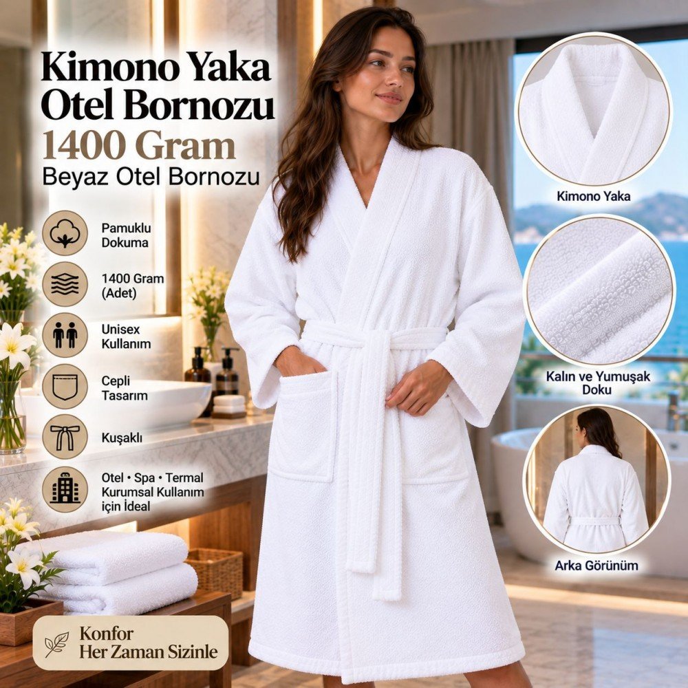Kimono Yaka Otel Bornozu 1400 Gram Beyaz Otel Bornozu