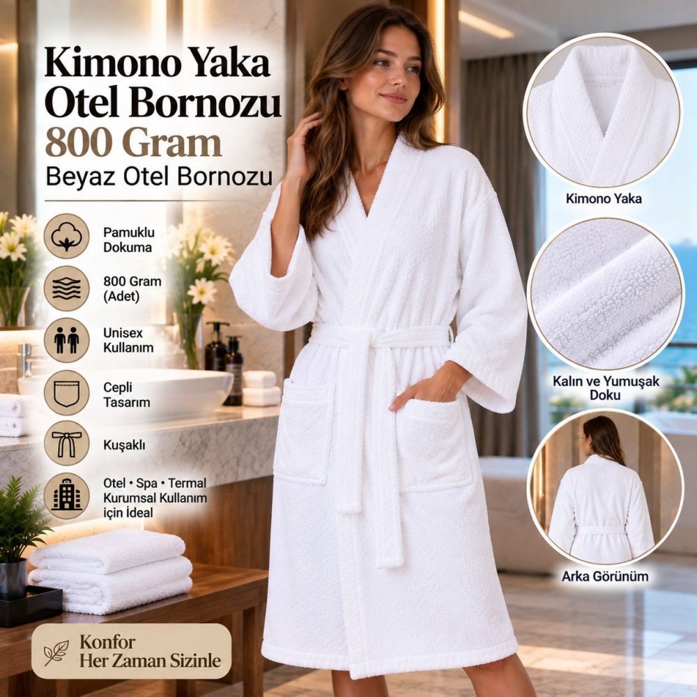 Kimono Yaka Otel Bornozu 800 Gram Beyaz Otel Bornozu