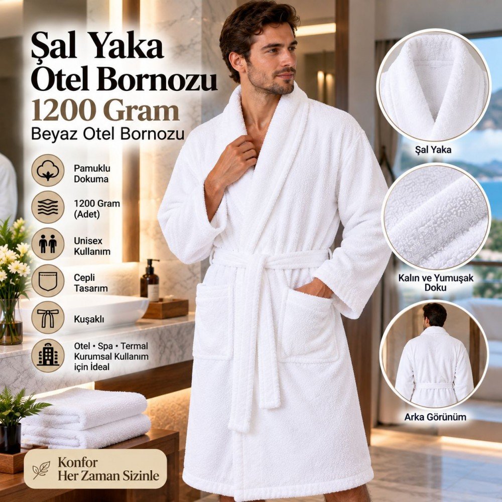 Şal Yaka Otel Bornozu 1200 Gram Beyaz Otel Bornozu