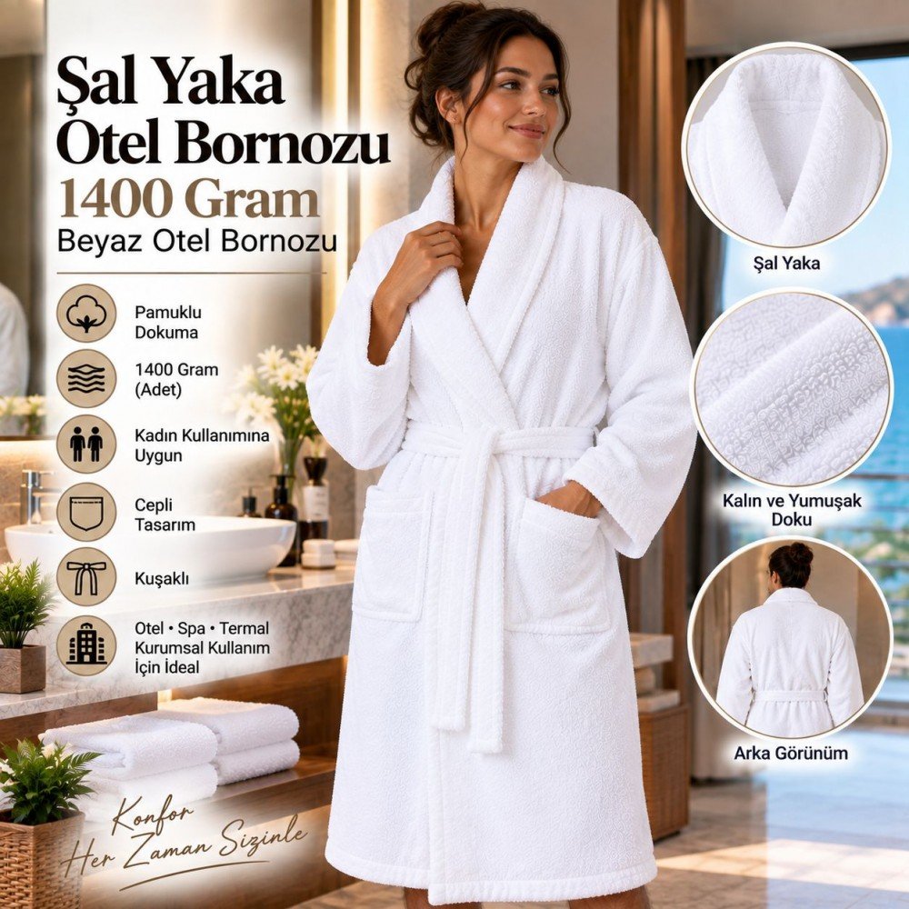 Şal Yaka Otel Bornozu 1400 Gram Beyaz Otel Bornozu