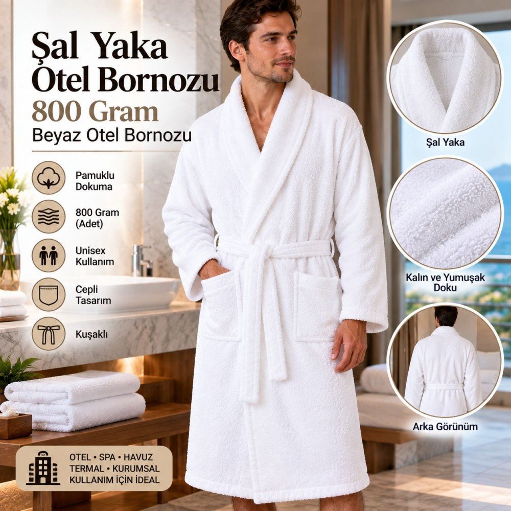 Şal Yaka Otel Bornozu 800 Gram Beyaz Otel Bornozu