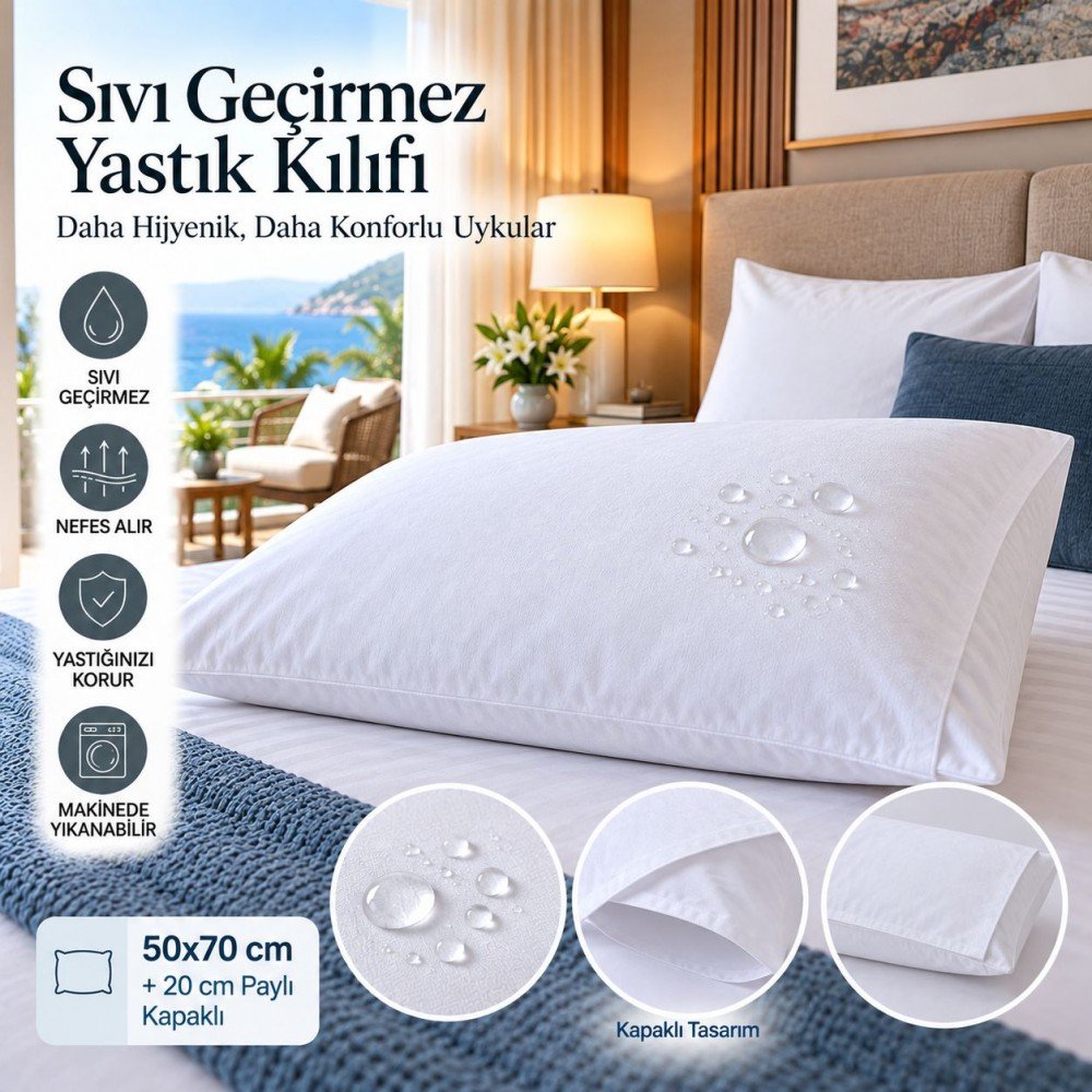 Toptan Sıvı Geçirmez Yastık Kılıfı Kapaklı 50x70 cm + 20 cm Paylı